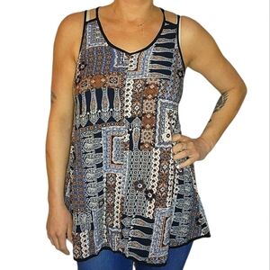 EarthBound Trading Tunic Crossback Sleeveless Top Size Small Black Blue Print